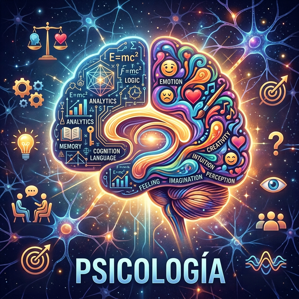 Ilustración de psicología con cerebro dividido en mente analítica y emocional, palabras Psicología, Emoción, Analítica, Memoria, Cognición, Lenguaje, Creatividad, Intuición, Percepción, Sentimiento, Imaginación, Equilibrio, Mente, Insight, Terapia, Crecimiento personal, Curiosidad, Social y Subconsciente.