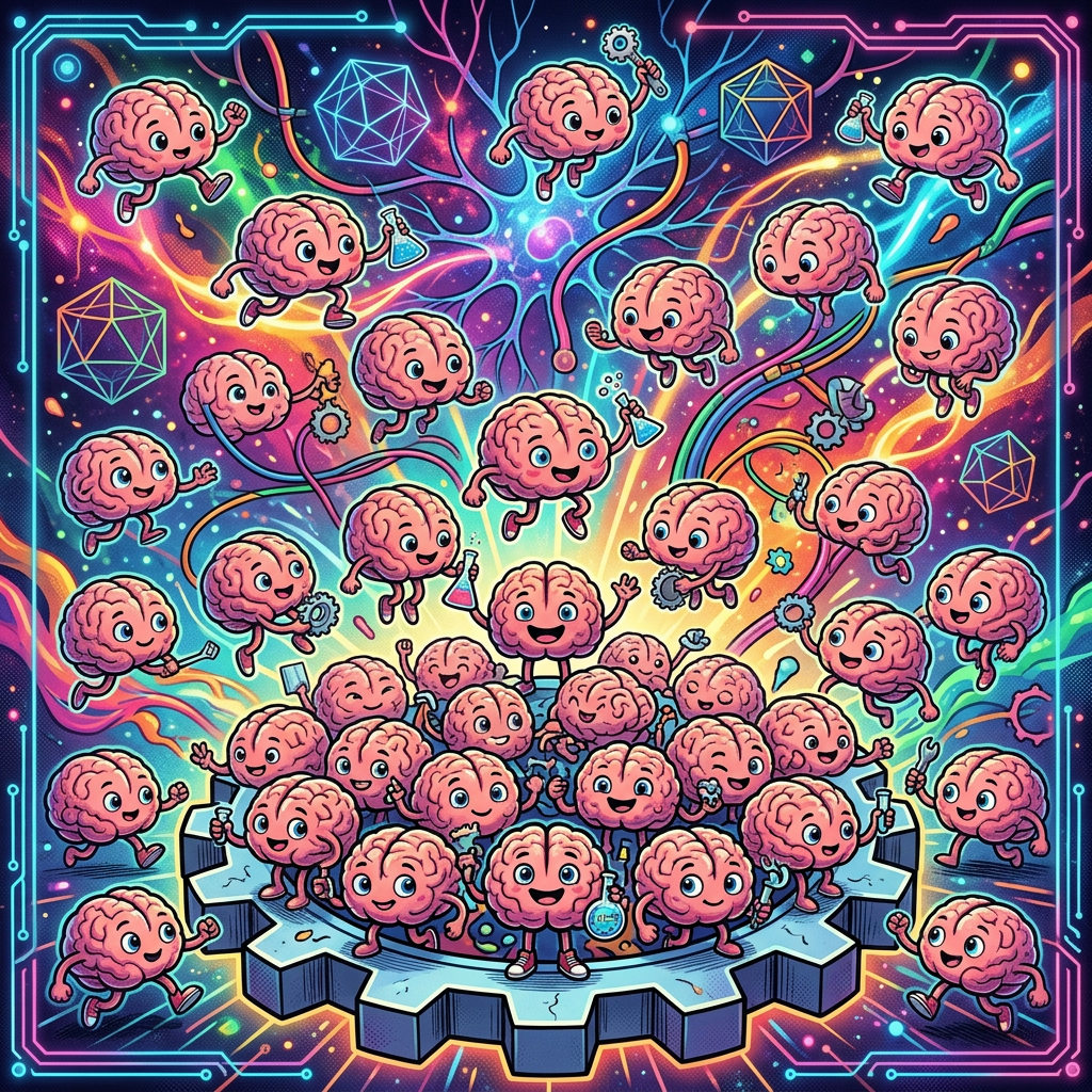 Cartoon brains conducting experiments around a large gear in a colorful cosmic setting