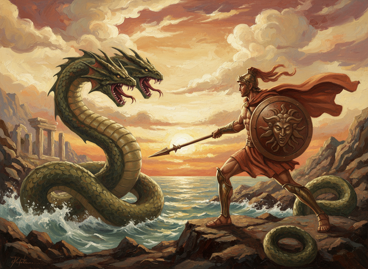 Un héroe griego con escudo y lanza se enfrenta a una criatura mítica junto al mar